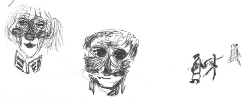 В.Авилов и В.Гришечкин в масках Варравина и Тарелкина. Рисунок из дневника